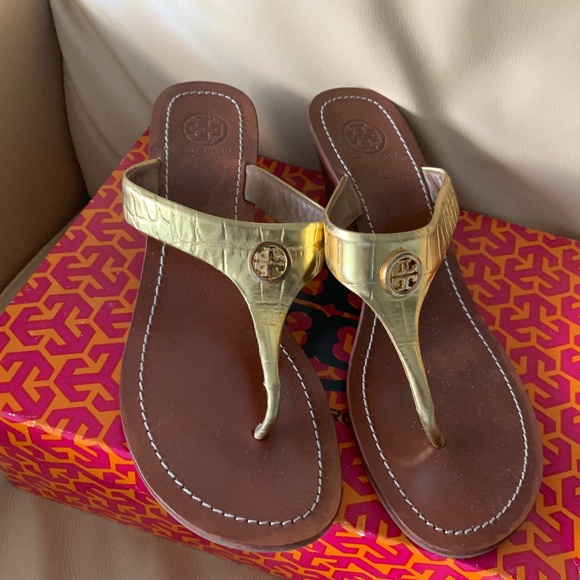 Tory Burch Gold Wedge Sandals - Picture 1 of 6